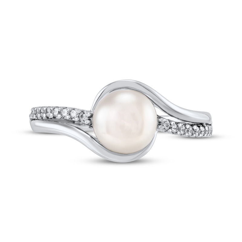 Main Image 3 of Button Cultured Pearl & White Lab-Created Sapphire Ring Sterling Silver