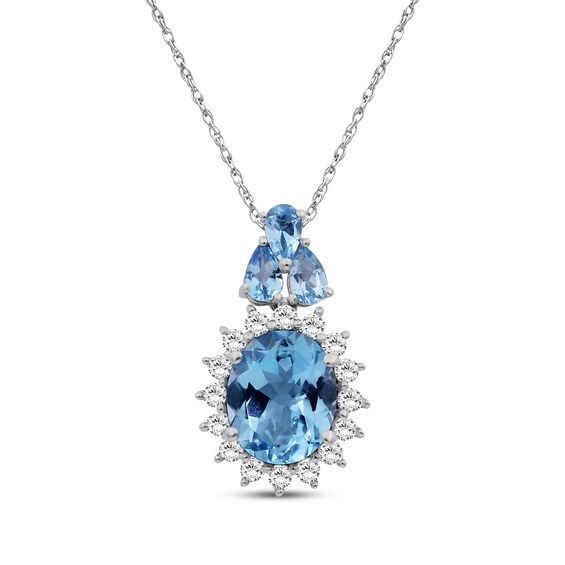 Oval-Cut Swiss Blue Topaz & White Lab-Created Sapphire Starburst Halo Necklace Sterling Silver 18"
