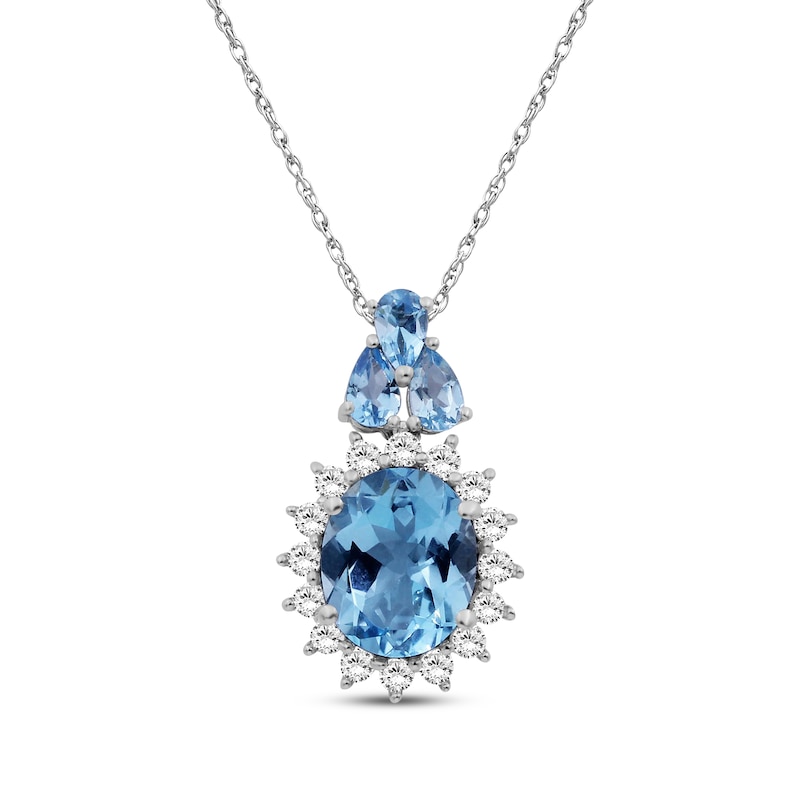 Main Image 1 of Oval-Cut Swiss Blue Topaz & White Lab-Created Sapphire Starburst Halo Necklace Sterling Silver 18"