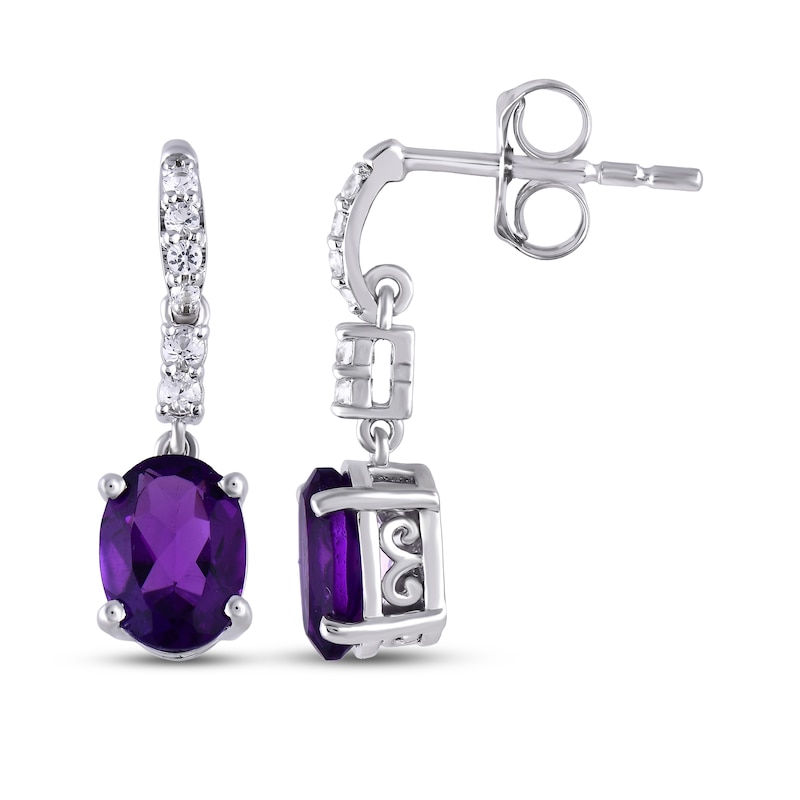 Main Image 3 of Oval-Cut Amethyst & White Lab-Created Sapphire Drop Earrings Sterling Silver