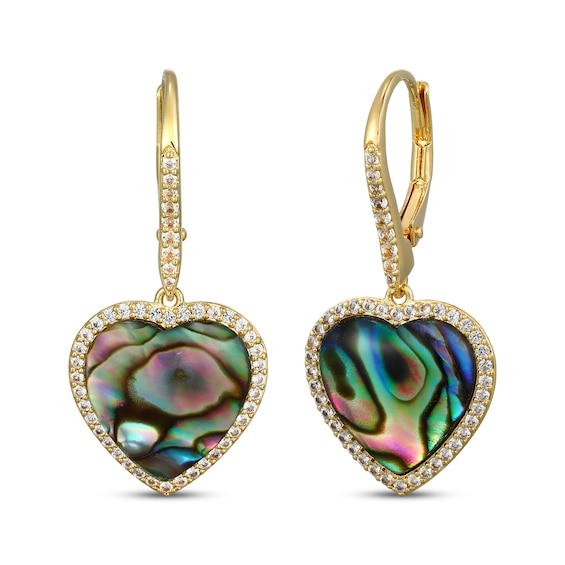 Heart-Shaped Natural Abalone Shell Doublet & White Lab-Created Sapphire Dangle Earrings 18K Yellow Gold-Plated Sterling Silver