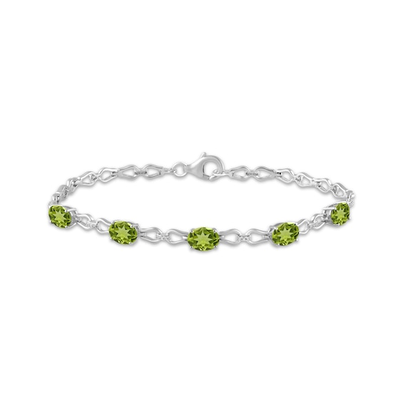 Oval-Cut Natural Peridot & White Lab-Created Sapphire Link Bracelet Sterling Silver 7.5"