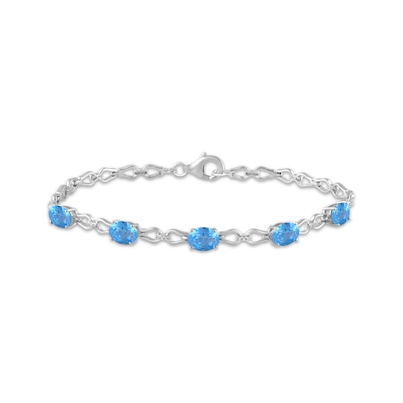 Oval-Cut Natural Swiss Blue Topaz & White Lab-Created Sapphire Link Bracelet Sterling Silver 7.5"