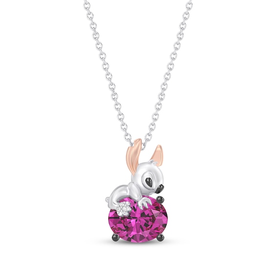 Disney Treasures Lilo & Stitch Oval-Cut Pink Lab-Created Sapphire & Diamond Accent Necklace Sterling Silver & 10K Rose Gold 18"