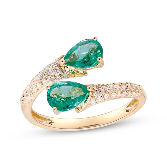 Pear-Shaped Natural Emerald & Diamond Deconstructed Ring 1/3 ct tw 14K Yellow Gold