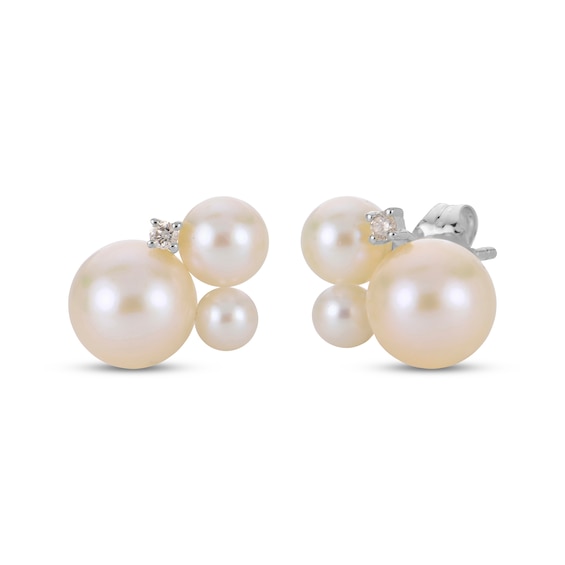 Cultured Pearl & White Lab-Created Sapphire Cluster Stud Earrings Sterling Silver