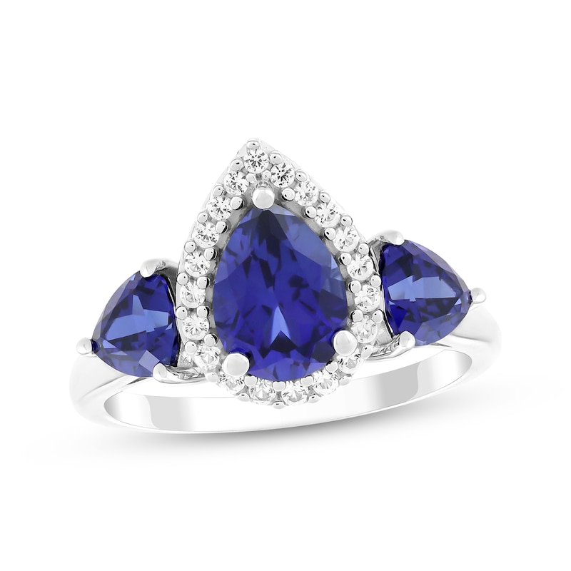 Main Image 1 of Pear-Shaped & Trillion-Cut Blue Lab-Created Sapphire & White Lab-Created Sapphire Three-Stone Ring Sterling Silver
