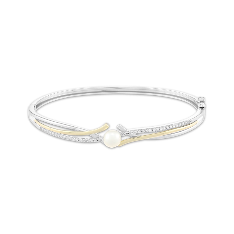 Main Image 1 of Cultured Pearl & White Lab-Created Sapphire Bangle Bracelet Sterling Silver & 10K Yellow Gold