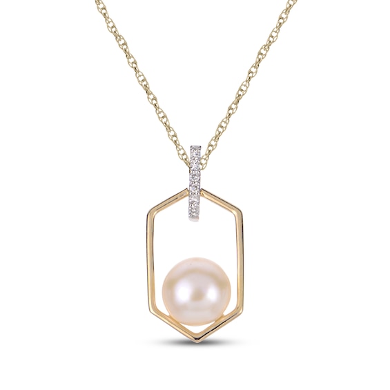 Cultured Pearl & Diamond Accent Hexagon Frame Necklace 10K Yellow Gold 18"