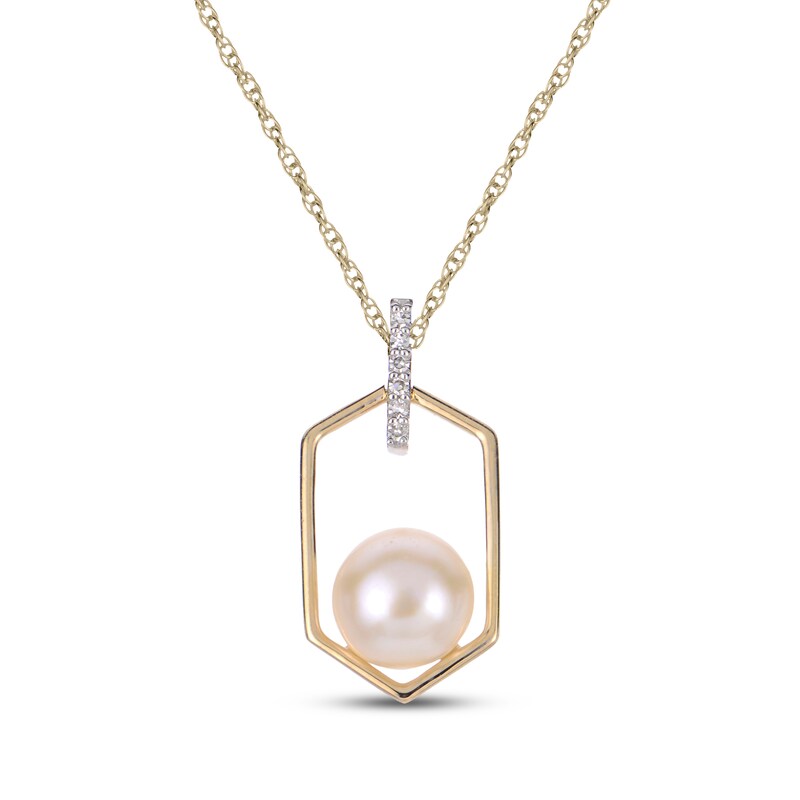 Main Image 1 of Cultured Pearl & Diamond Accent Hexagon Frame Necklace 10K Yellow Gold 18"