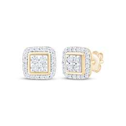 Multi-Diamond Square Halo Stud Earrings 1/4 ct tw 10K Yellow Gold