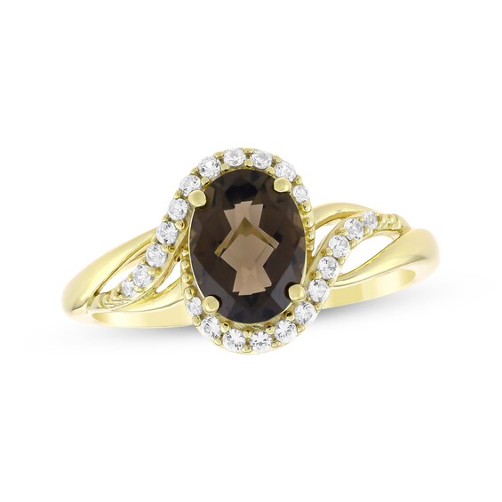 Oval-Cut Smoky Quartz & White Lab-Created Sapphire Bypass Ring 24K Yellow Gold Vermeil Sterling Silver