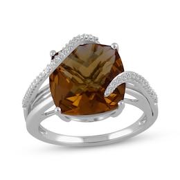 Cushion-Cut Orange Quartz & White Lab-Created Sapphire Ring Sterling Silver