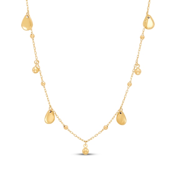 Teardrop & Bead Dangle Station Necklace Semi-Solid 10K Yellow Gold 18"