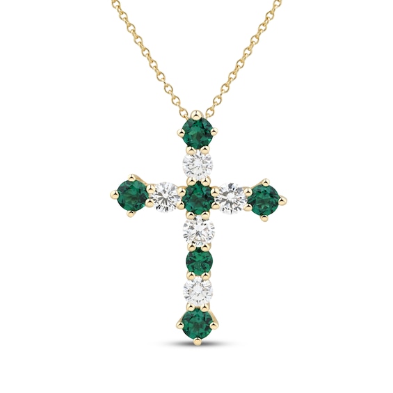 KAY Lab-Grown Diamonds Lab-Created Emerald & Lab-Grown Diamond Cross Necklace 3/4 ct tw 10K Yellow Gold 18"