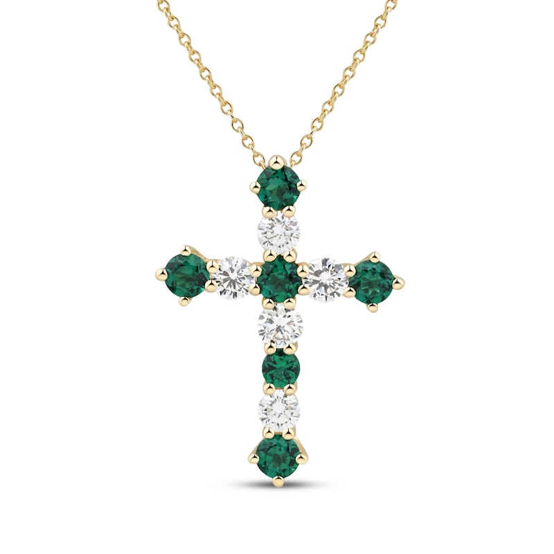Main Image 1 of KAY Lab-Grown Diamonds Lab-Created Emerald & Lab-Grown Diamond Cross Necklace 3/4 ct tw 10K Yellow Gold 18"