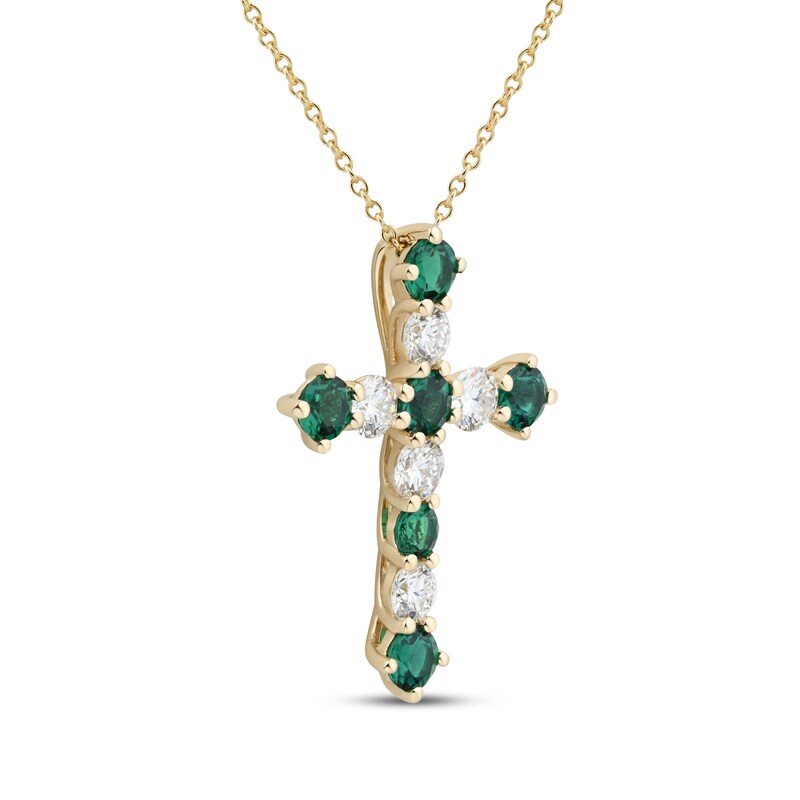 Main Image 2 of KAY Lab-Grown Diamonds Lab-Created Emerald & Lab-Grown Diamond Cross Necklace 3/4 ct tw 10K Yellow Gold 18"