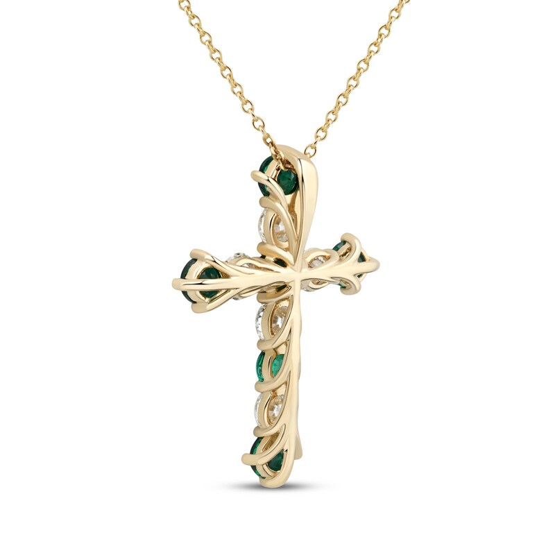 Main Image 3 of KAY Lab-Grown Diamonds Lab-Created Emerald & Lab-Grown Diamond Cross Necklace 3/4 ct tw 10K Yellow Gold 18"