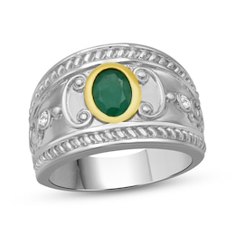 Oval-Cut Natural Emerald & White Lab-Created Sapphire Ring Sterling Silver & 10K Yellow Gold