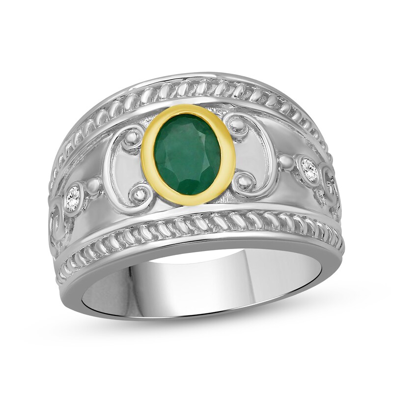 Main Image 1 of Oval-Cut Natural Emerald & White Lab-Created Sapphire Ring Sterling Silver & 10K Yellow Gold