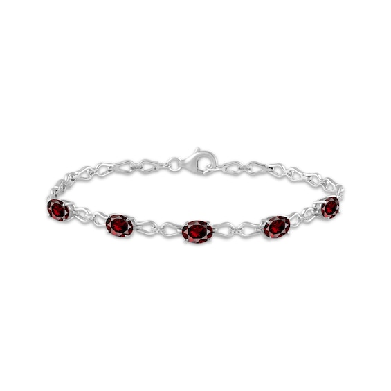 Oval-Cut Natural Garnet & White Lab-Created Sapphire Link Bracelet Sterling Silver 7.5"