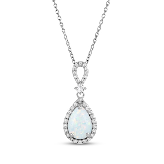Pear-Shaped Lab-Created Opal & White Lab-Created Sapphire Teardrop Halo Necklace Sterling Silver 18"