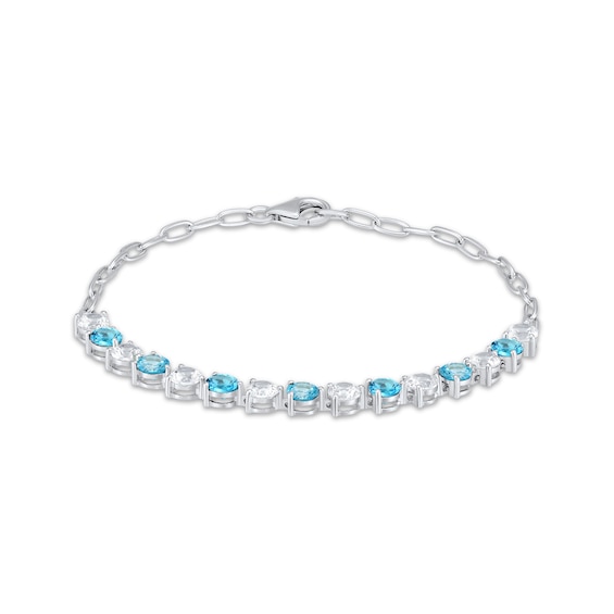 Swiss Blue Topaz & White Lab-Created Sapphire Link Bracelet Sterling Silver 7.25"