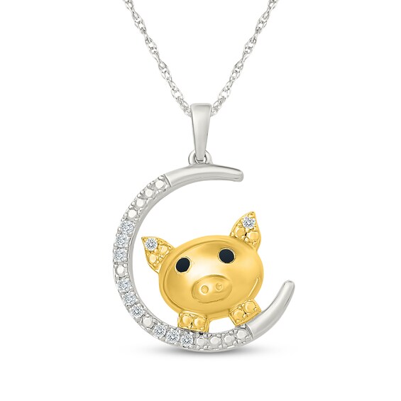 KAY Lab-Grown Diamonds Moon & Pig Necklace 1/10 ct tw Sterling Silver & 10K Yellow Gold Plate 18"