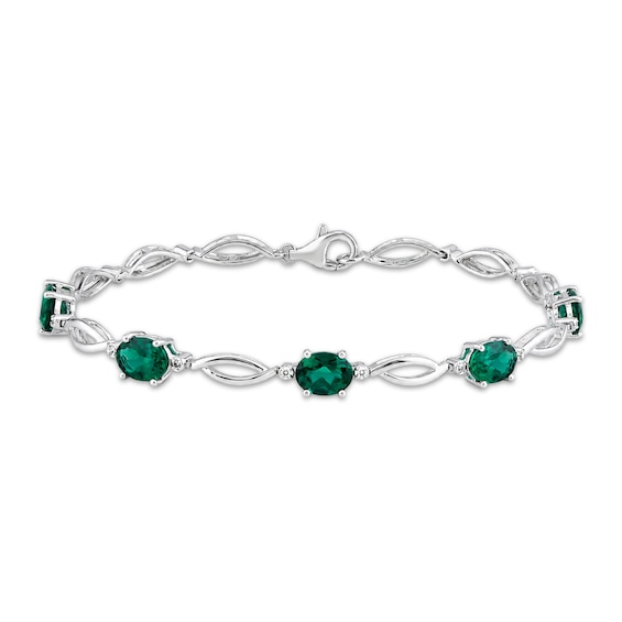 Oval-Cut Lab-Created Emerald & White lab-Created Sapphire Link Bracelet Sterling Silver 7"