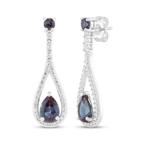 Pear-Shaped Lab-Created Alexandrite & White Lab-Created Sapphire Drop Earrings Sterling Silver