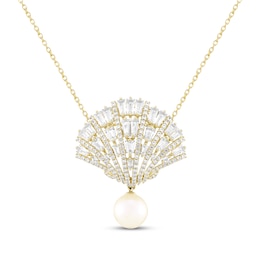 Cultured Pearl & White Lab-Created Sapphire Seashell Necklace 10K Yellow Gold 18"