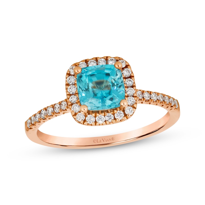 Main Image 1 of Le Vian Cushion-Cut Blue Zircon Ring 1/4 ct tw Diamonds 14K Strawberry Gold