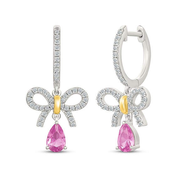 Pear-Shaped Pink Lab-Created Sapphire & White Lab-Created Sapphire Bow Dangle Hoop Earrings Sterling Silver & 10K Yellow Gold