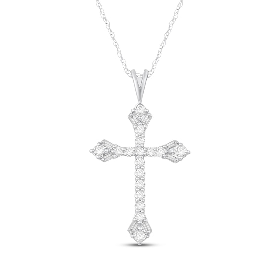 Baguette & Round-Cut Diamond Cross Necklace 1/2 ct tw 10K White Gold 18"