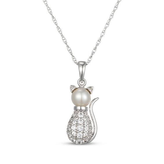 Cultured Pearl & White Lab-Created Sapphire Cat Necklace Sterling Silver 18"