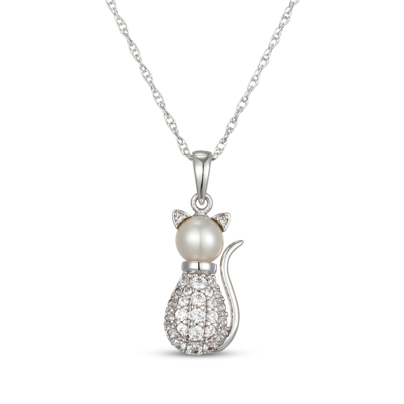 Main Image 1 of Cultured Pearl & White Lab-Created Sapphire Cat Necklace Sterling Silver 18"