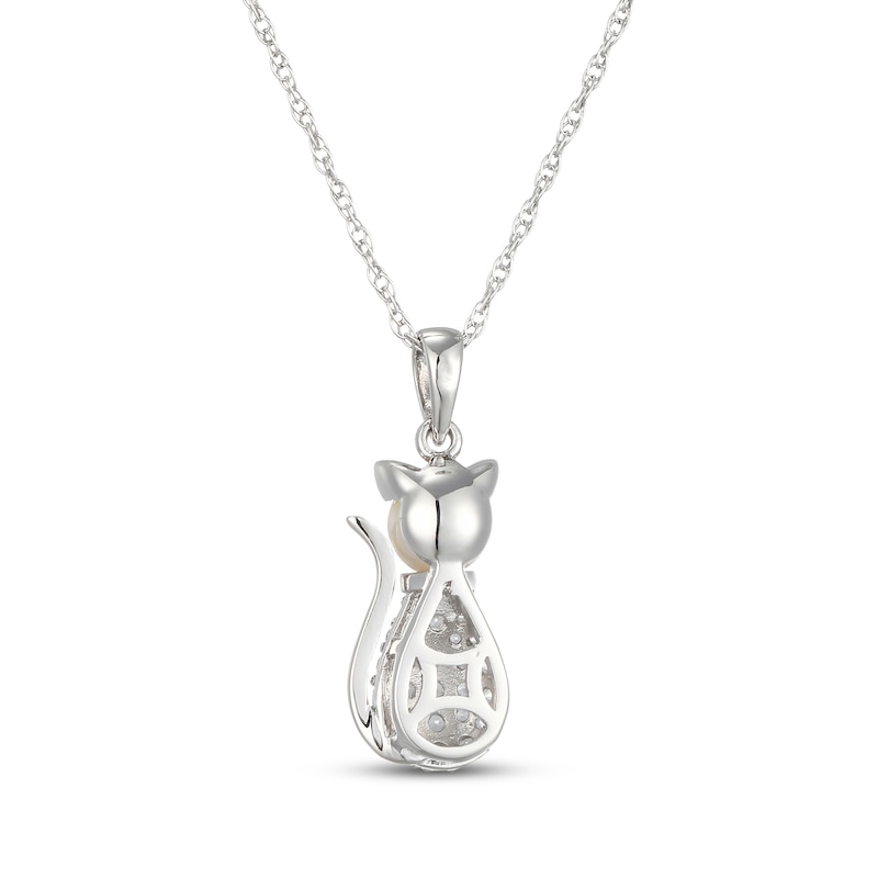 Main Image 3 of Cultured Pearl & White Lab-Created Sapphire Cat Necklace Sterling Silver 18"