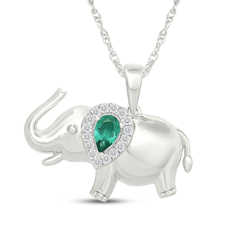 Main Image 1 of Pear-Shaped Lab-Created Emerald & White Lab-Created Sapphire Elephant Necklace Sterling Silver 18"