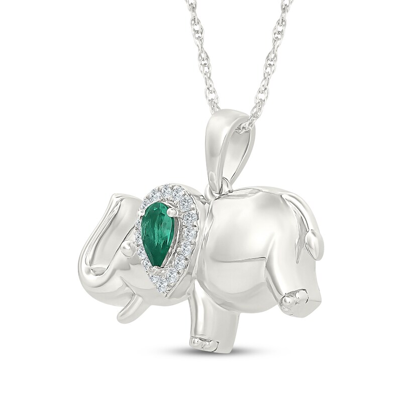 Main Image 2 of Pear-Shaped Lab-Created Emerald & White Lab-Created Sapphire Elephant Necklace Sterling Silver 18"