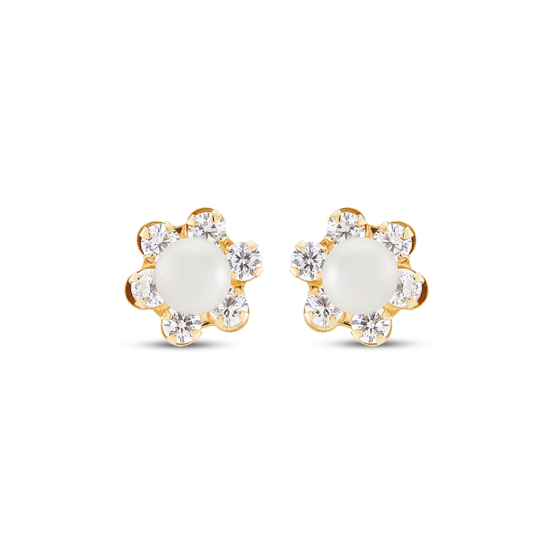 Main Image 2 of Children's Cultured Pearl & Cubic Zirconia Flower Halo Stud Earrings 14K Yellow Gold