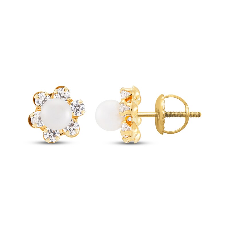 Main Image 3 of Children's Cultured Pearl & Cubic Zirconia Flower Halo Stud Earrings 14K Yellow Gold