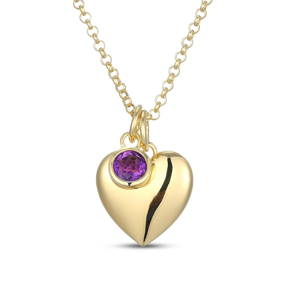 Amethyst & Puff Heart Charm Toggle Necklace 24K Yellow Gold Vermeil Sterling Silver 18"