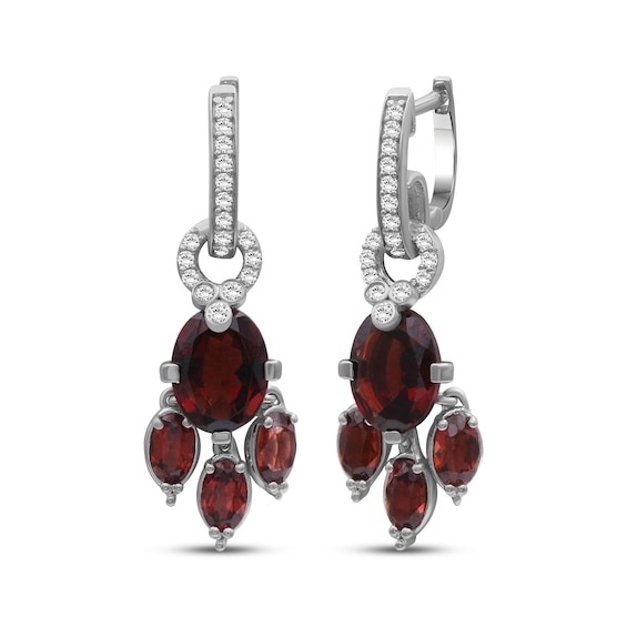 Oval-Cut Garnet & Diamond Hoop Drop Earrings 1/3 ct tw 10K White Gold