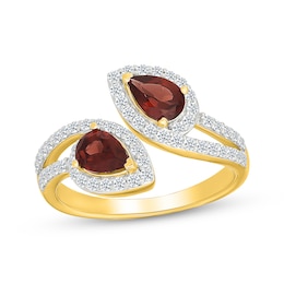 Pear-Shaped Garnet & White Lab-Created Sapphire Bypass Ring 24K Yellow Gold Vermeil Sterling Silver
