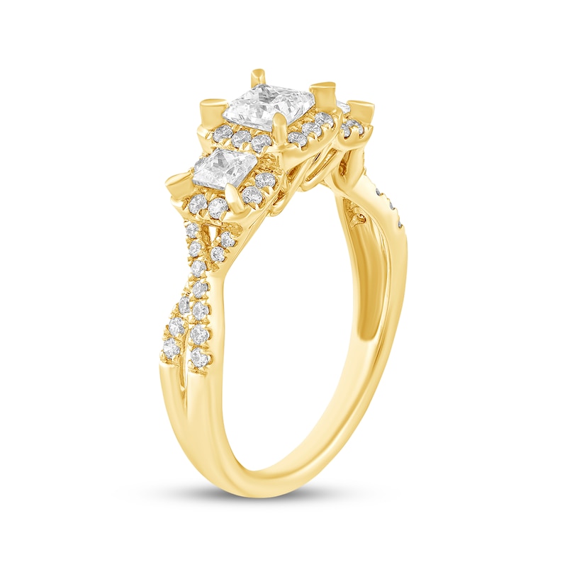 Main Image 2 of Memories Moments Magic Princess-Cut Three-Stone Diamond Engagement Ring 7/8 ct tw 14K Yellow Gold
