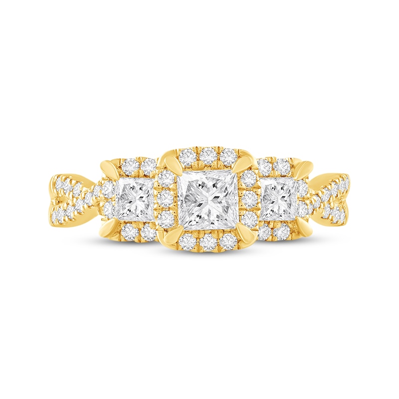 Main Image 3 of Memories Moments Magic Princess-Cut Three-Stone Diamond Engagement Ring 7/8 ct tw 14K Yellow Gold