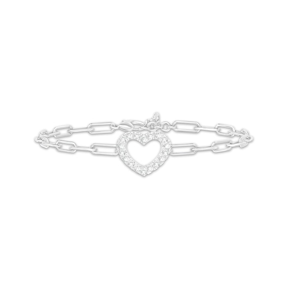 Diamond Heart Paperclip Chain Bracelet 1/3 ct tw Sterling Silver 7"