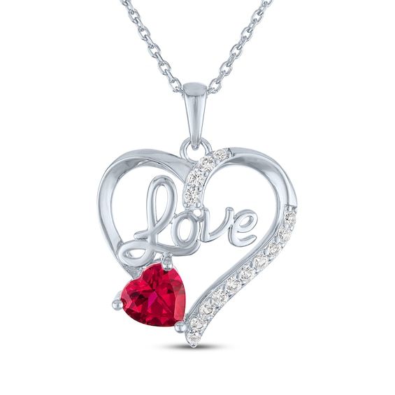 Heart-Shaped Lab-Created Ruby & White Lab-Created Sapphire "Love" Heart Necklace Sterling Silver 25"