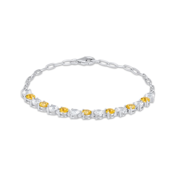 Citrine & White Lab-Created Sapphire Link Bracelet Sterling Silver 7.25"