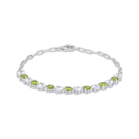 Peridot & White Lab-Created Sapphire Link Bracelet Sterling Silver 7.25"